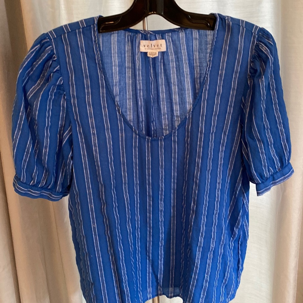Velvet brand -Scoop neck puffy sleeve striped cotton blouse